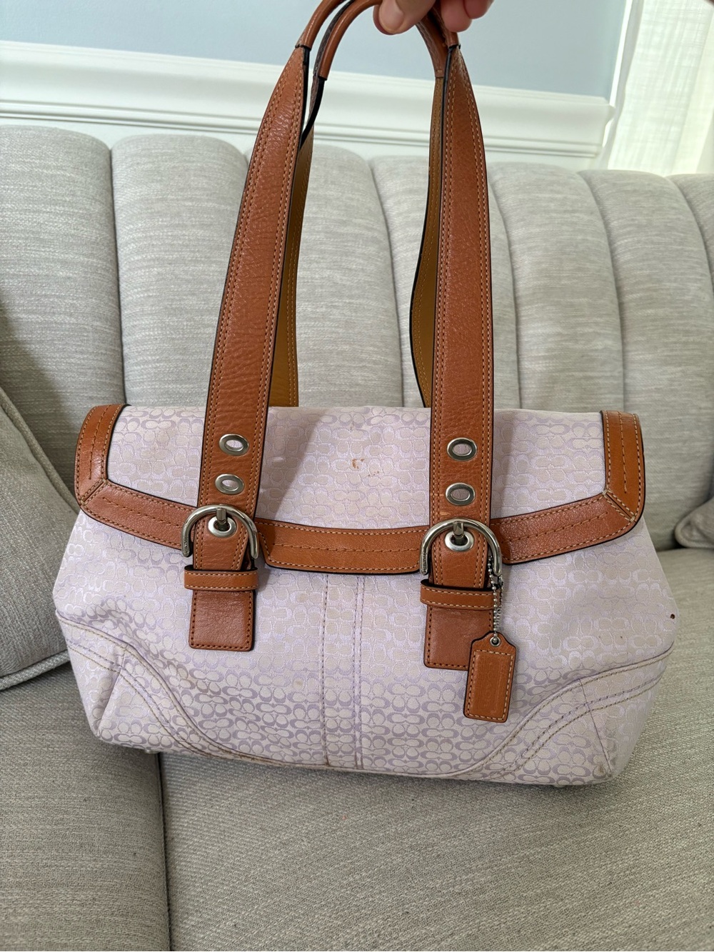 Coach Lilac Signature Canvas Satchel with Brown Leather Trim